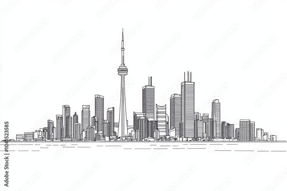 Obraz premium Vector line drawing of a city skyline on a white background, in a simple minimalistic style. 