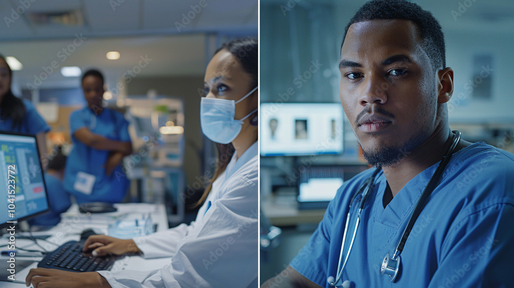 A split-image showing a busy hospital staff on one side and a smooth, outsourced telehealth operation on the other. The outsourced side features streamlined processes like IT management, customer A split-image showing a busy hospital staff on one side and a smooth, outsourced telehealth operation on the other. The outsourced side features streamlined processes like IT management, customer