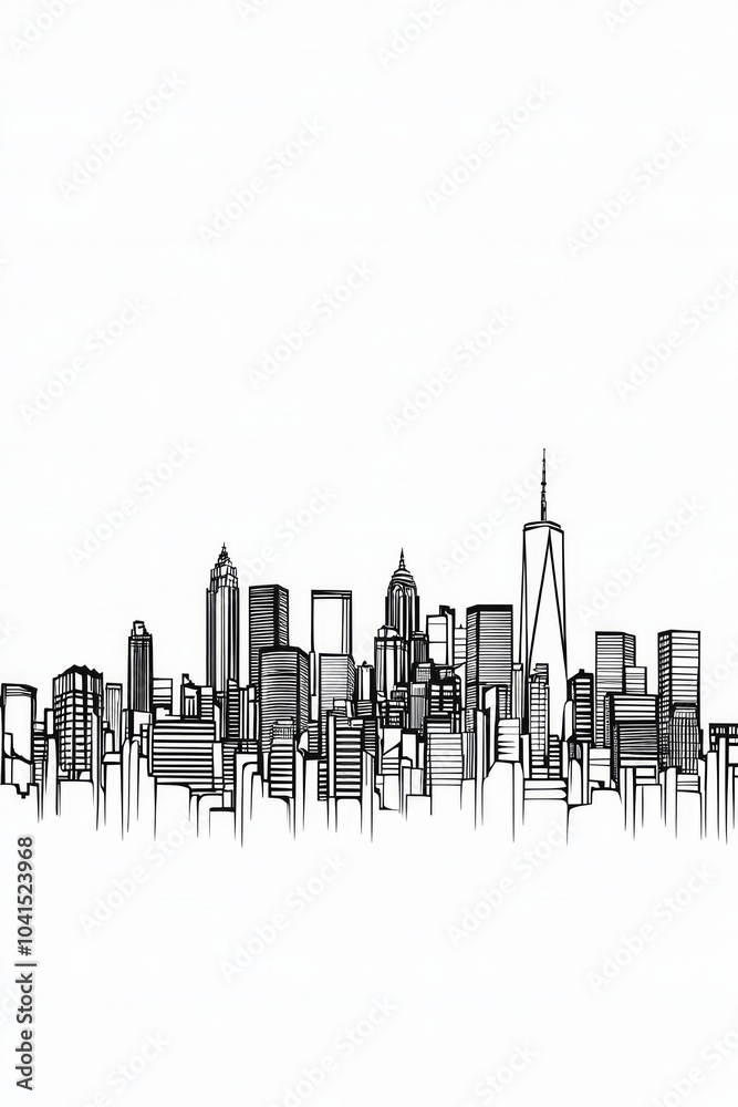 Fototapeta premium Vector line drawing of a city skyline on a white background, in a simple minimalistic style. 