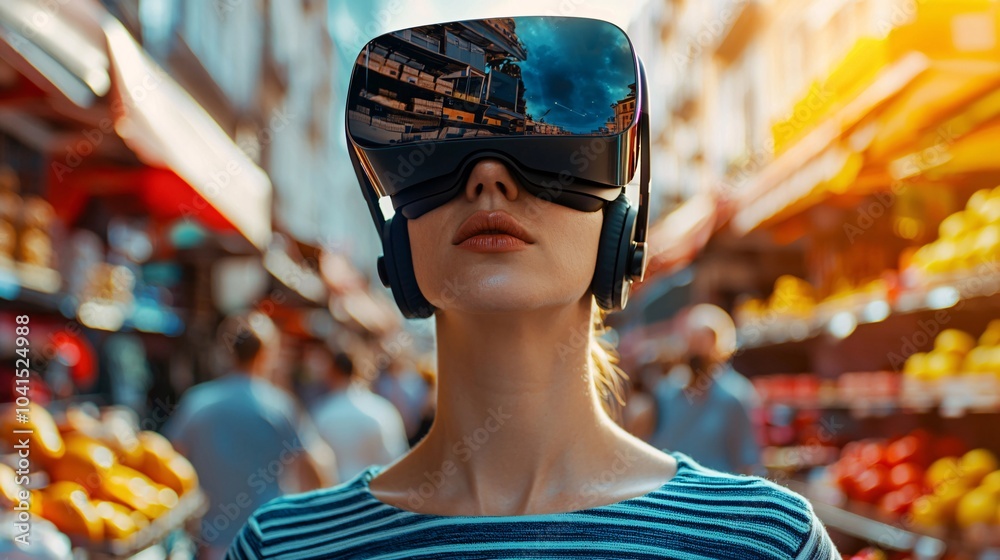 Exploring virtual reality a woman engaging with an immersive experience in a busy market environment Exploring virtual reality a woman engaging with an immersive experience in a busy market environment