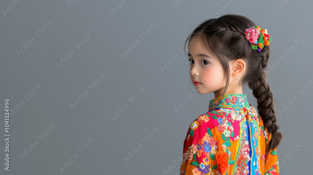 Chinese little girl in traditional kaftan cloth made from luxury fabric Chinese little girl in traditional kaftan cloth made from luxury fabric