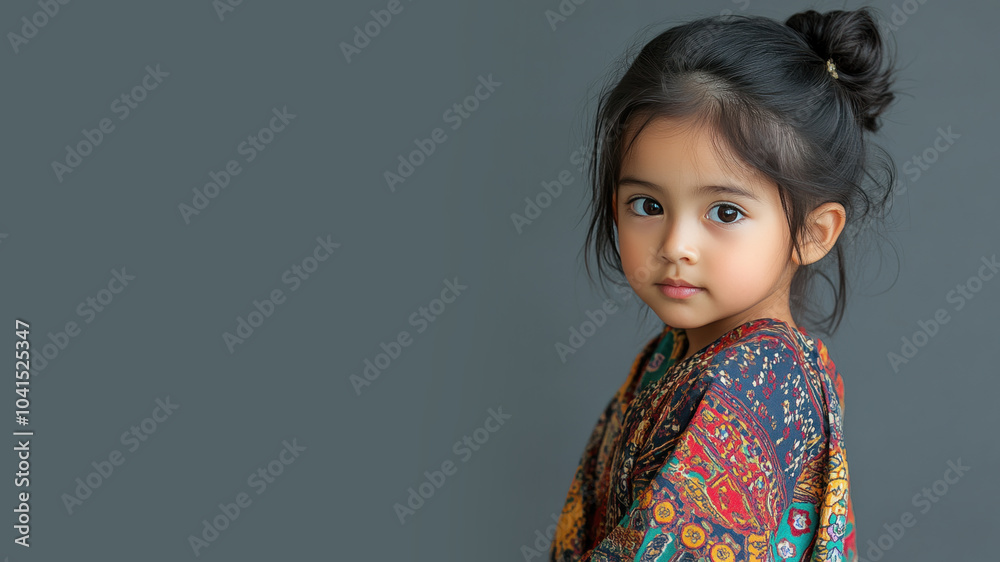 Indonesian little girl in traditional kaftan cloth made from luxury fabric Indonesian little girl in traditional kaftan cloth made from luxury fabric