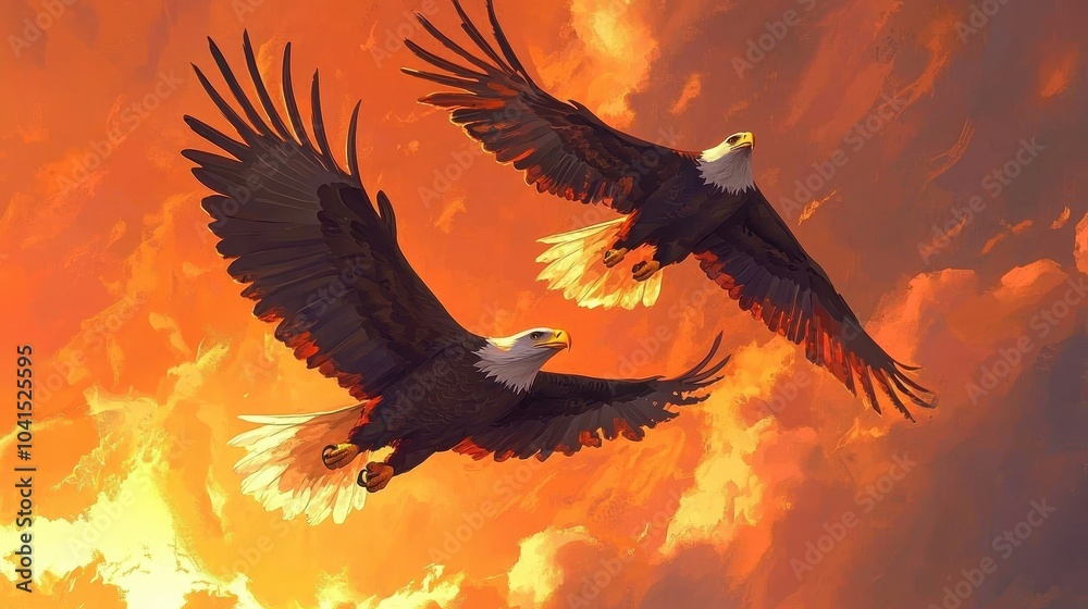 Fototapeta premium Majestic Eagles Flying in Warm Sunset Sky