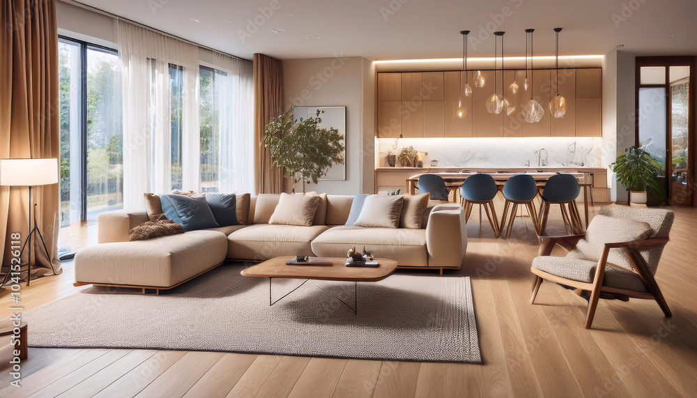 Fototapeta premium Modern interior design of a spacious living room bathed in natural light