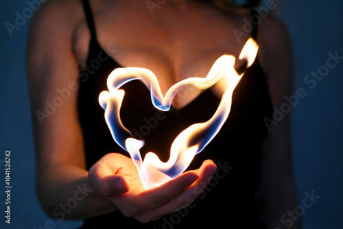 Woman holding burning heart shape made of fire in her hand