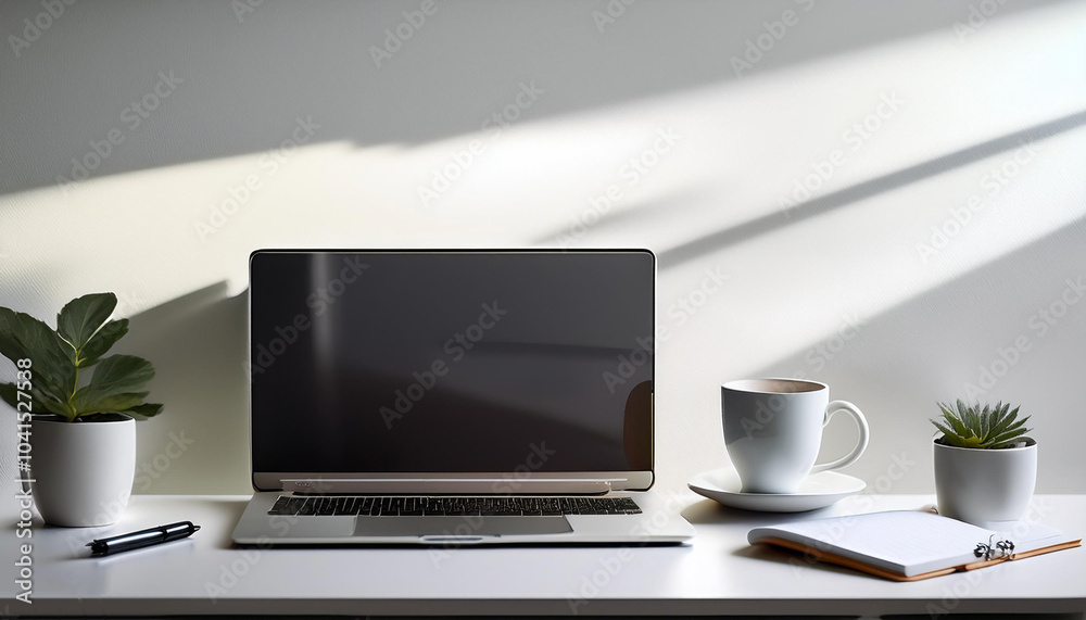 a work desk. Office desk setup with laptop, coffee cup, pen and notebook, all in a minimalist style. on side position provides copy space for text. background concept isolated white a work desk. Office desk setup with laptop, coffee cup, pen and notebook, all in a minimalist style. on side position provides copy space for text. background concept isolated white