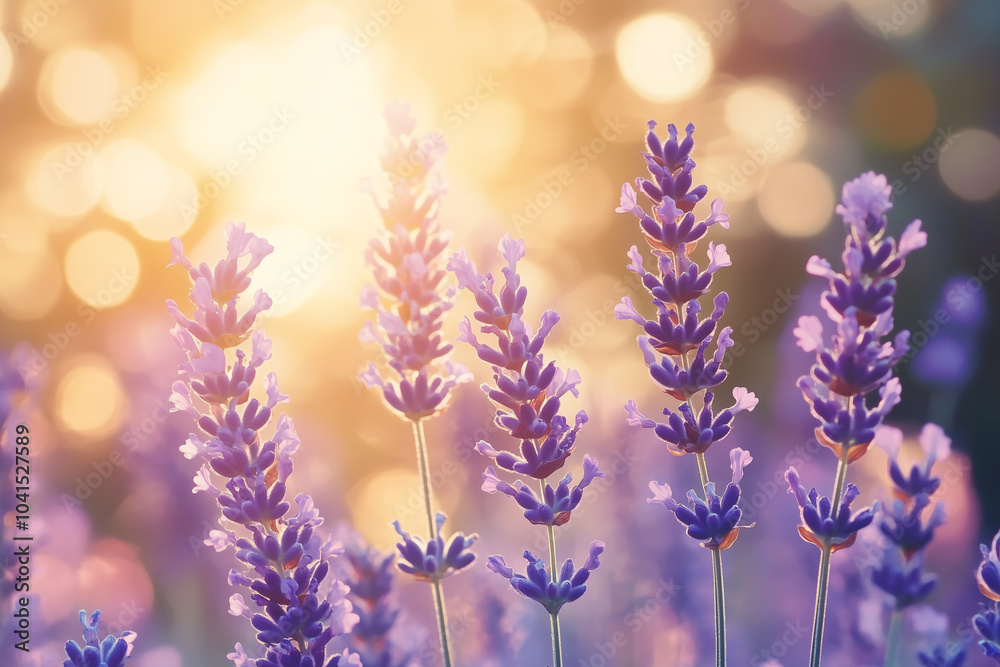 Tranquil Lavender Field in Soft Sunlight with Dreamy Bokeh Background Tranquil Lavender Field in Soft Sunlight with Dreamy Bokeh Background