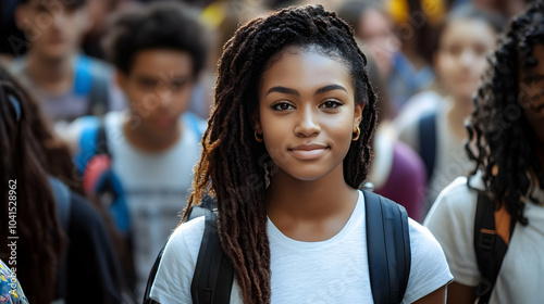 A Black college student returning to campus amidst a group of fellow students. 