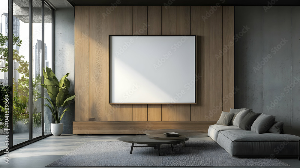 Fototapeta premium Blank wooden picture frame mockup in modern interior -