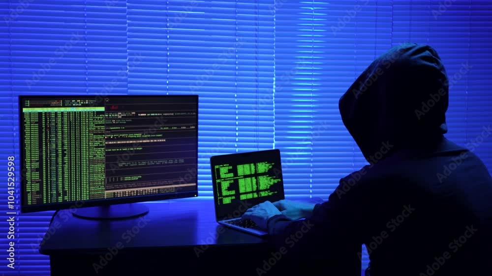 Hooded hacker using laptop computer, close-up. Anonymous hacker sitting in the dark office, typing command on computer monitor Hooded hacker using laptop computer, close-up. Anonymous hacker sitting in the dark office, typing command on computer monitor