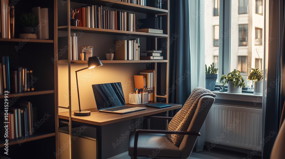 Cozy Workspace With Wooden Shelves And A Desk Lamp In A Contemporary Home Office Cozy Workspace With Wooden Shelves And A Desk Lamp In A Contemporary Home Office
