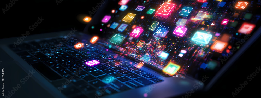 Obraz premium Digital Stream: Icons Flowing from Laptop