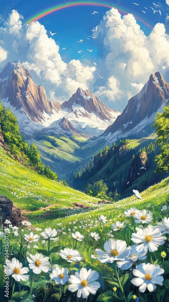 Fototapeta premium Design a psychedelic landscape with mountains, birds, and a rainbow over a meadow of white flowers