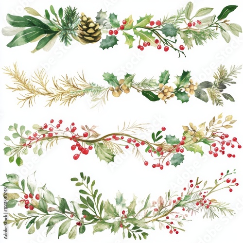 vintage Christmas watercolor clipart, white background, Christmas garland decoration, golden foil, gold glitter, glitter paint gold, highly detailed foliage, dark green and light crimson