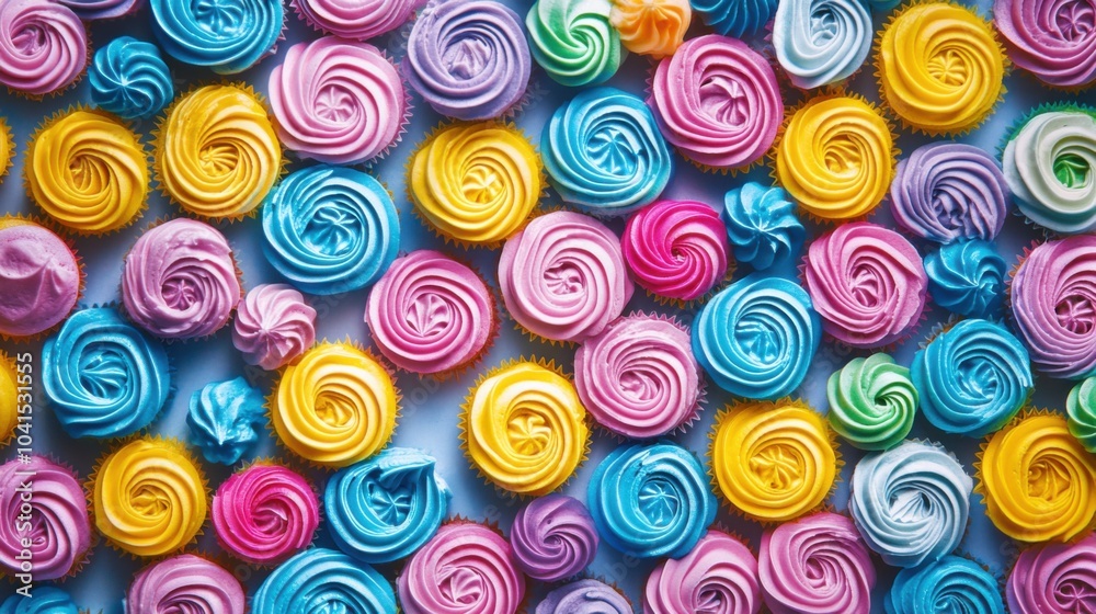 A surface densely covered with mini cupcakes topped with swirls of colorful frosting, filling every inch of the frame with a sweet, festive texture. A surface densely covered with mini cupcakes topped with swirls of colorful frosting, filling every inch of the frame with a sweet, festive texture.