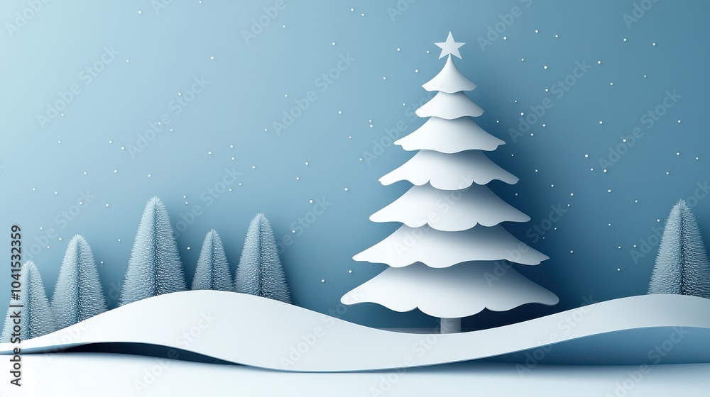 Minimalist winter scene with a white Christmas tree and snowflakes on a serene blue background Minimalist winter scene with a white Christmas tree and snowflakes on a serene blue background