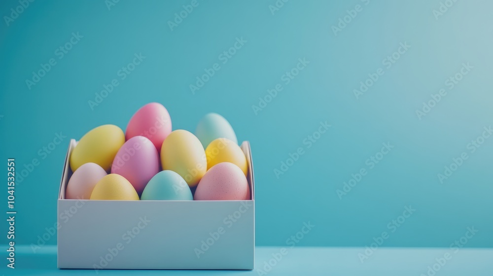 Colorful Easter eggs in motion emerging from a box set against a blue backdrop Creative minimalistic layout suitable for a greeting card or banner Colorful Easter eggs in motion emerging from a box set against a blue backdrop Creative minimalistic layout suitable for a greeting card or banner