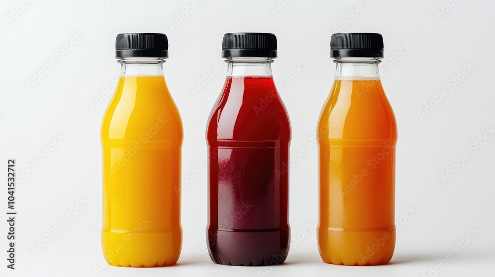 Three unlabeled bottles of natural vegetable or fruit juices with black caps isolated on a white background Three unlabeled bottles of natural vegetable or fruit juices with black caps isolated on a white background