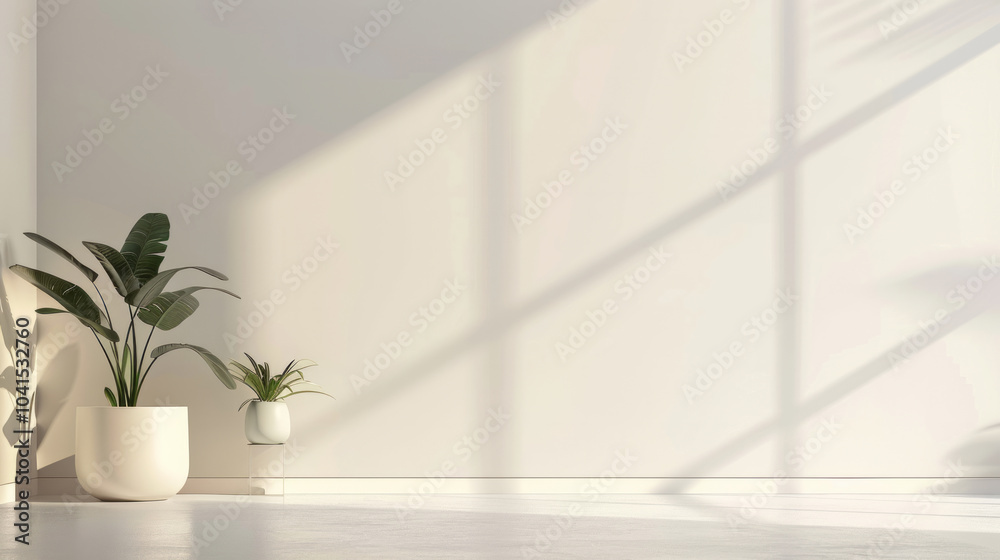 Modern interior design featuring minimalistic plants and natural light illuminating a serene white wall in a spacious room Modern interior design featuring minimalistic plants and natural light illuminating a serene white wall in a spacious room