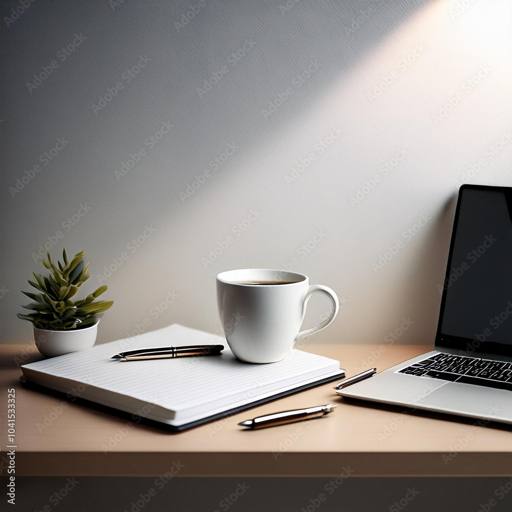a work desk. Office desk setup with laptop, coffee cup, pen and notebook, all in a minimalist style. on side position provides copy space for text. background concept isolated white a work desk. Office desk setup with laptop, coffee cup, pen and notebook, all in a minimalist style. on side position provides copy space for text. background concept isolated white