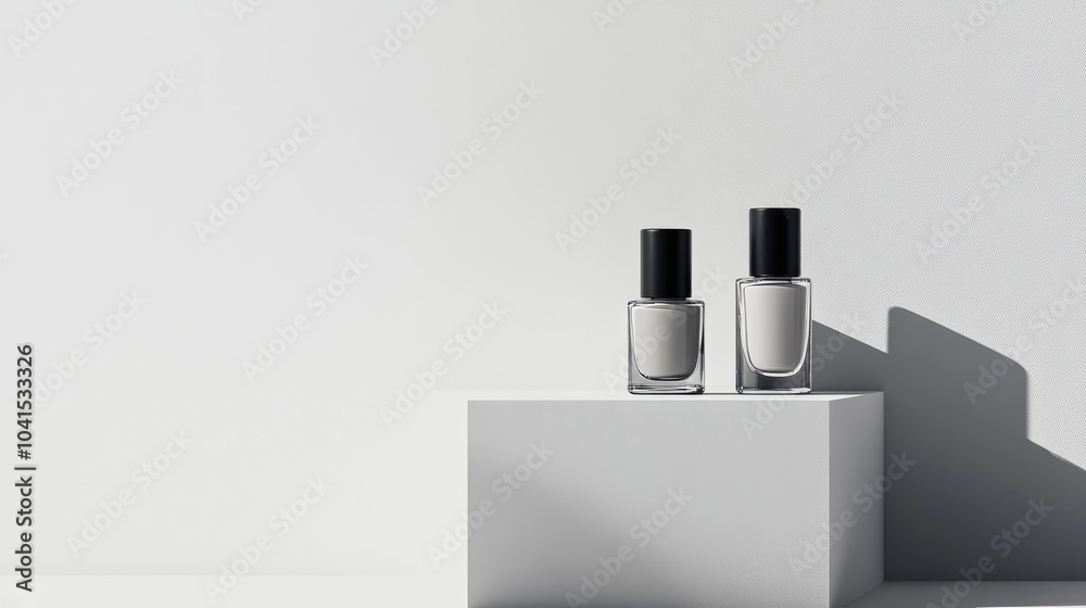 A minimalist arrangement featuring bottles of nail polish in stylish neutral hues against a pristine white backdrop Monochrome gray tones A minimalist arrangement featuring bottles of nail polish in stylish neutral hues against a pristine white backdrop Monochrome gray tones