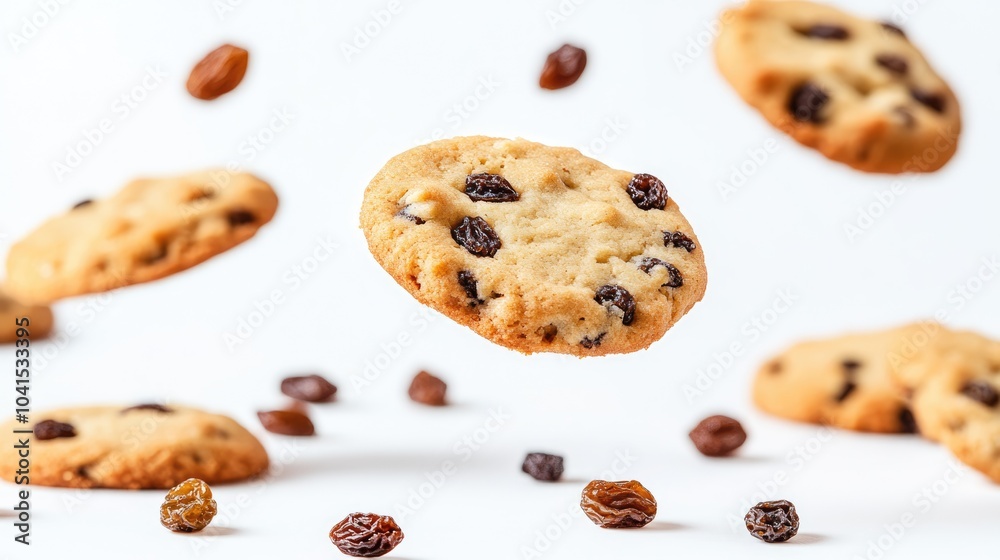 Falling butter cookies with raisins against a white background Falling butter cookies with raisins against a white background