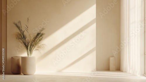 A minimalist brand identity poster template features a serene interior bathed in soft sunlight emphasizing simplicity and elegance photo