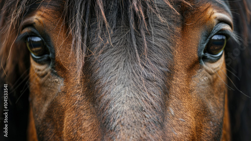 Close-up view of a horse's expressive eyes, capturing its deep gaze and intricate details in natural light against a serene background