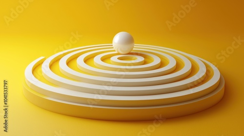 White Sphere Resting on a Circular Platform of Concentric Rings