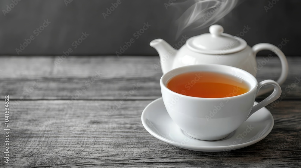 White ceramic teapot paired with a cup of steaming amber tea on a gray wooden surface White ceramic teapot paired with a cup of steaming amber tea on a gray wooden surface