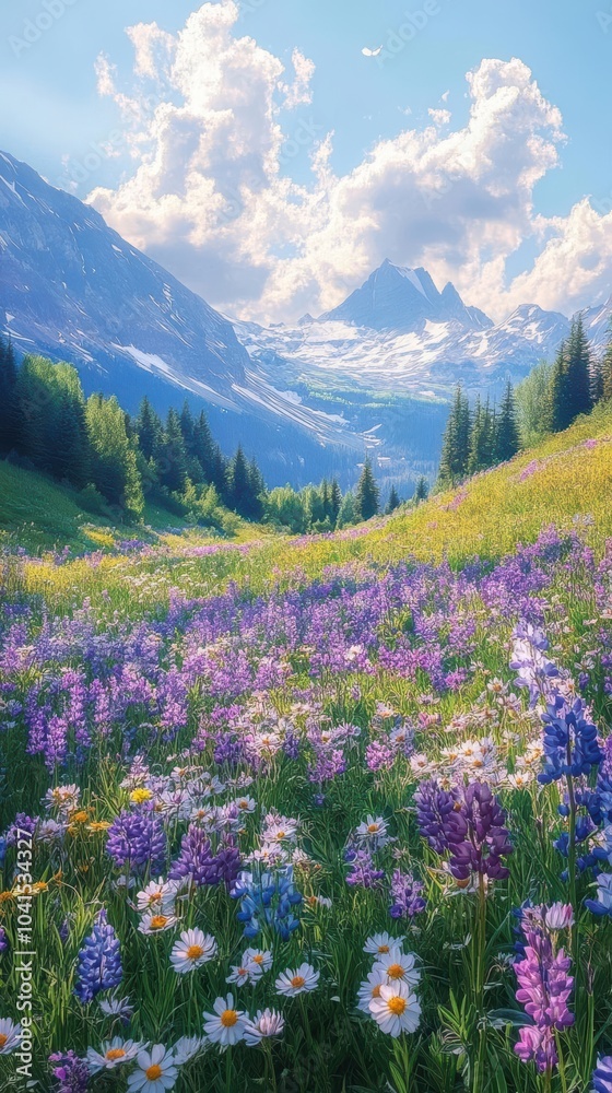 Naklejka premium Blend the charm of pastel flowers, mountain views, and birds in a picturesque setting