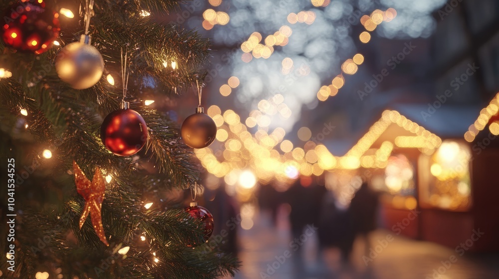 Festive street scene featuring a beautifully decorated tree with lights and ornaments complemented by a softly blurred market atmosphere in the background Festive street scene featuring a beautifully decorated tree with lights and ornaments complemented by a softly blurred market atmosphere in the background