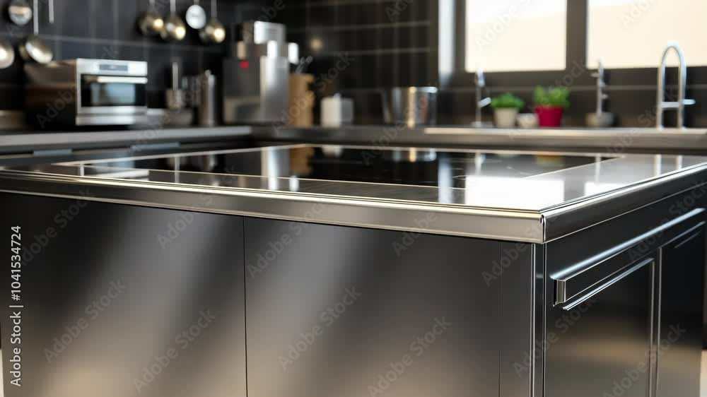 A sleek, modern kitchen counter with a stainless steel countertop and a built-in induction cooktop A sleek, modern kitchen counter with a stainless steel countertop and a built-in induction cooktop