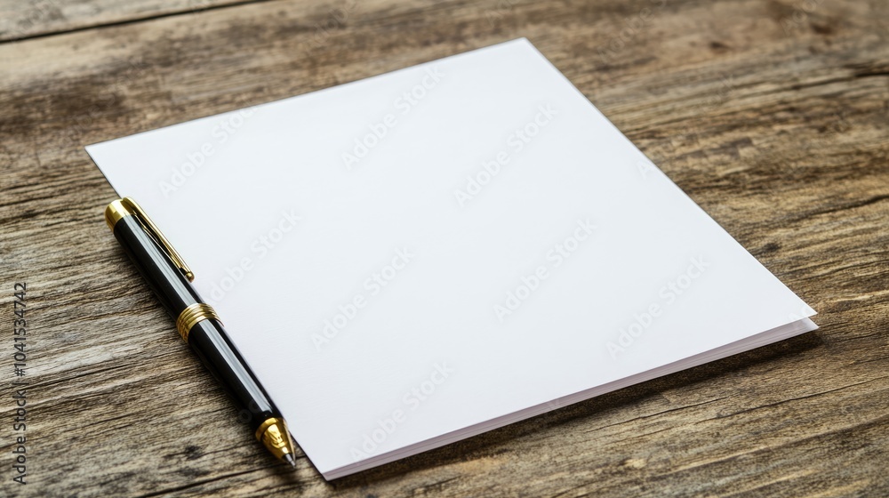 Blank paper and pen resting on a wooden surface with ample copy space for your text or design Blank paper and pen resting on a wooden surface with ample copy space for your text or design