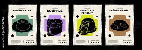 French Parisian flan, soufflé, chocolate fondant, creme caramel. Price tag or poster design. Set of vector illustrations. Typography. Engraving style. Labels, cover, t-shirt print, painting.