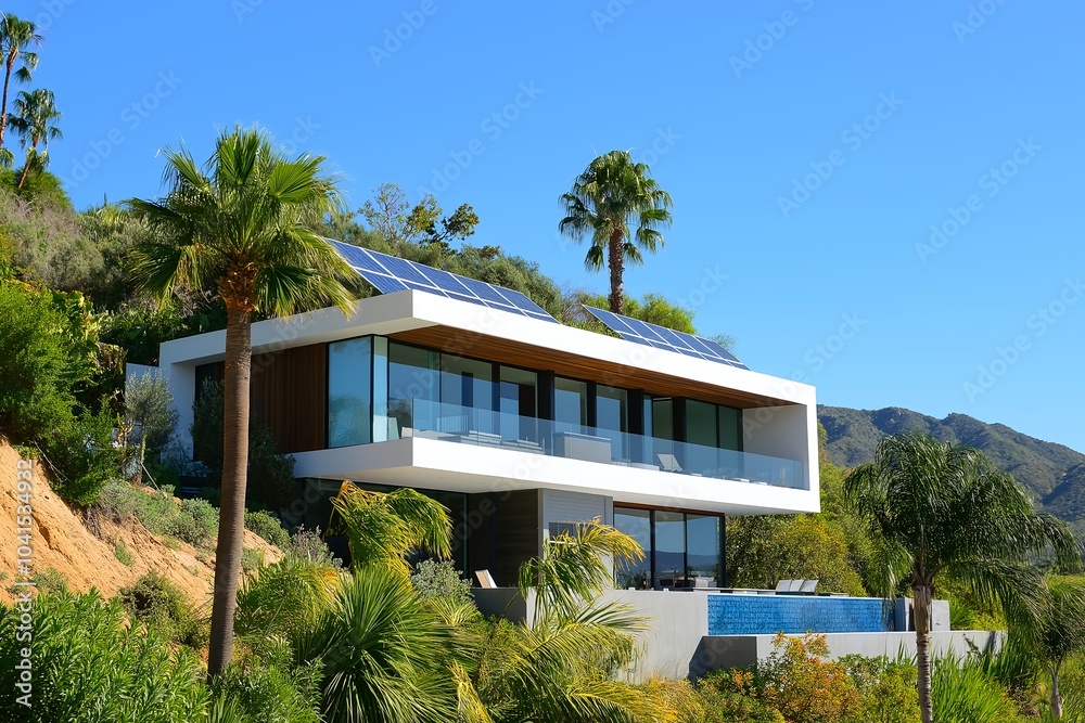 Fototapeta premium Modern Solar Panels Installed on a Hollywood Hills California Home Under Clear Blue Sunny Sky, Solar Photography, Solar Powered Clean Energy, Sustainable Resources, Electricity Source