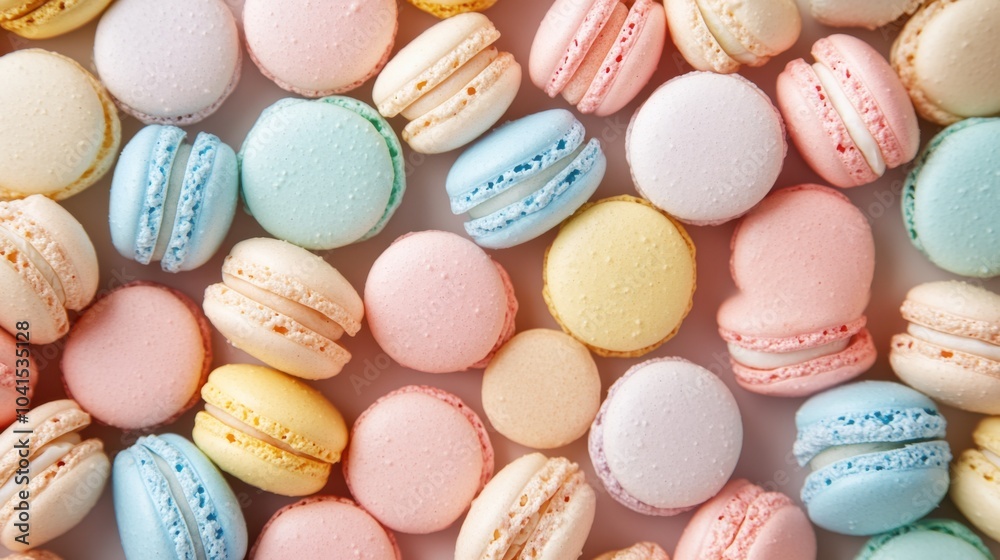 Fototapeta premium A background completely filled with assorted macarons in pastel colors, packed tightly together to create a soft, delicate, and sweet surface.