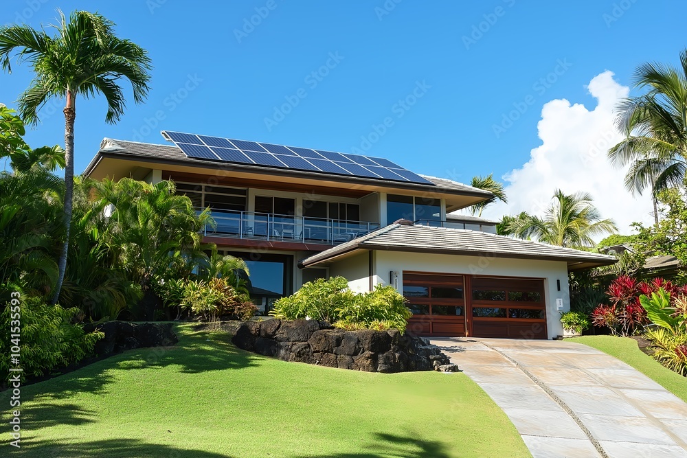 Modern Solar Panels Installed on a Honolulu Hawaii Home Under Clear Blue Sunny Sky, Solar Photography, Solar Powered Clean Energy, Sustainable Resources, Electricity Source Modern Solar Panels Installed on a Honolulu Hawaii Home Under Clear Blue Sunny Sky, Solar Photography, Solar Powered Clean Energy, Sustainable Resources, Electricity Source