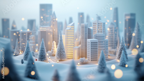 christmas tree in the city, winter city landscape, christmas decoration in the snow