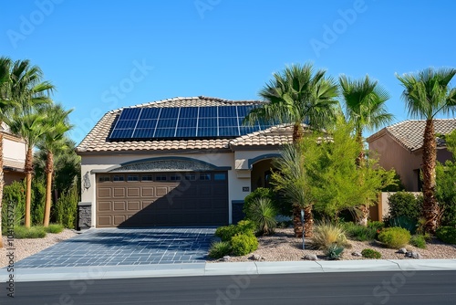 Modern Solar Panels Installed on a Las Vegas Nevada Home Under Clear Blue Sunny Sky, Solar Photography, Solar Powered Clean Energy, Sustainable Resources, Electricity Source photo