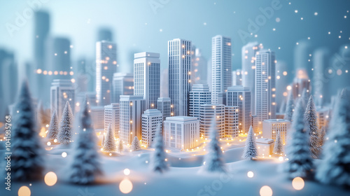 christmas tree in the city, winter city landscape, christmas decoration in the snow photo