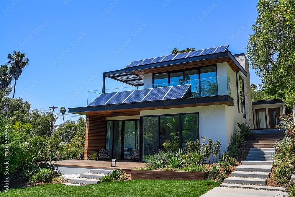 Modern Solar Panels Installed on a Los Angeles California Home Under Clear Blue Sunny Sky, Solar Photography, Solar Powered Clean Energy, Sustainable Resources, Electricity Source Modern Solar Panels Installed on a Los Angeles California Home Under Clear Blue Sunny Sky, Solar Photography, Solar Powered Clean Energy, Sustainable Resources, Electricity Source
