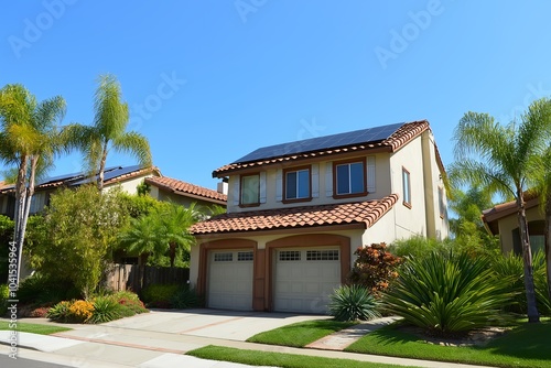 Modern Solar Panels Installed on a Los Angeles California Home Under Clear Blue Sunny Sky, Solar Photography, Solar Powered Clean Energy, Sustainable Resources, Electricity Source