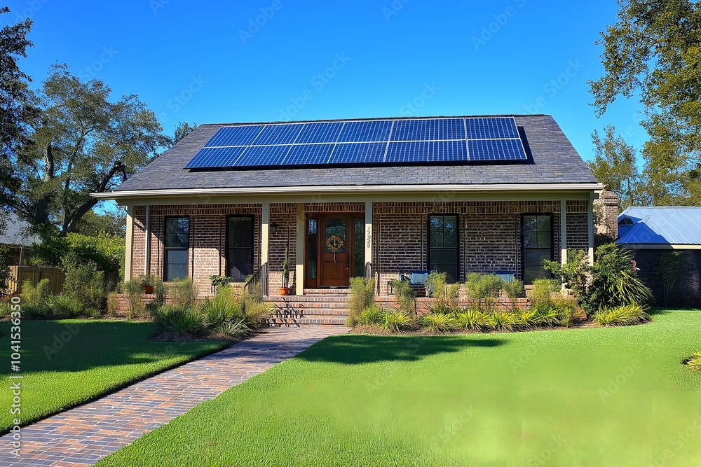 Modern Solar Panels Installed on a New Orleans Louisiana Home Under Clear Blue Sunny Sky, Solar Photography, Solar Powered Clean Energy, Sustainable Resources, Electricity Source Modern Solar Panels Installed on a New Orleans Louisiana Home Under Clear Blue Sunny Sky, Solar Photography, Solar Powered Clean Energy, Sustainable Resources, Electricity Source