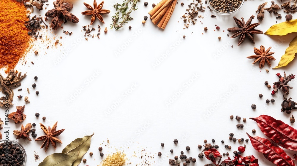 Spices Arranged in a Frame on a White Background