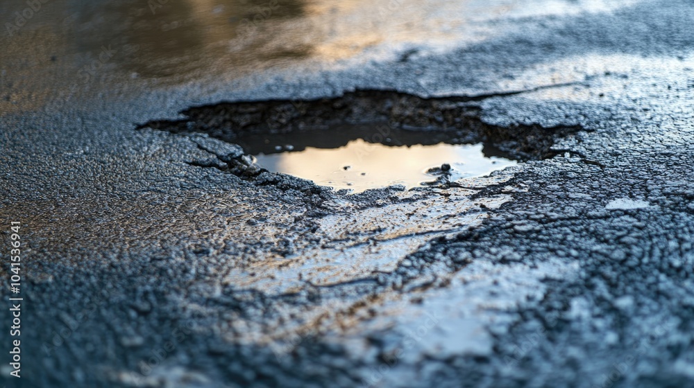 Close up of a damaged asphalt road surface featuring cracks a hole and pooled rainwater Close up of a damaged asphalt road surface featuring cracks a hole and pooled rainwater