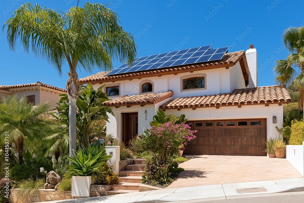 Fototapeta premium Modern Solar Panels Installed on a San Diego California Home Under Clear Blue Sunny Sky, Solar Photography, Solar Powered Clean Energy, Sustainable Resources, Electricity Source