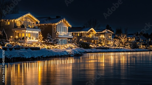 Festive lights and decorations adorning homes by the water during the winter holiday season at night photo