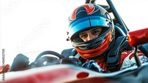 racecar driver in helmet sitting inside formula car isolated on white background photo