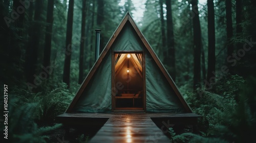 A wooden path directs towards an inviting, warmly lit tent set deep in a dense forest, surrounded by lush greenery, embodying adventure and serenity. photo